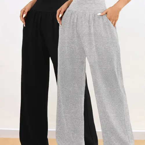 Women's Solid Pocket Wide Leg Sports Pants, Yoga Bottoms, Fitness Bottoms, High Waisted Sweatpants, Casual Comfy Breathable Trousers for Yoga Gym Workout Running, Ladies Sportswear for All Seasons