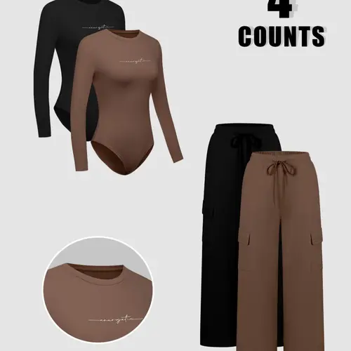 Women's Solid Jersey Soft Long Sleeve Fit Bodysuit & Adjustable Drawstring Waist Pants Set, Casual Round Neck Bodysuit & Trousers, Women's Clothing for Daily Wear, Everyday, Womenswear, Casual Knit Set, Co Ord Sets