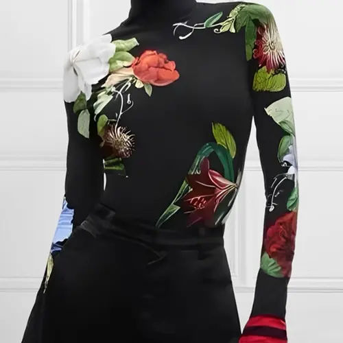 Women's Floral Print Long Sleeve Tee, Elegant Stand Collar T-shirt for Fall & Winter, Women's Clothing for Daily Wear, Chic Boho Casual Fashionable Top, Classy Tops, Bohemian Casual Trendy, Womenswear