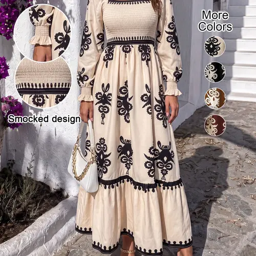 Women's Vintage Print Lantern Sleeve High Waist Dress, Square Neck Fitted Ruffle Design, Elegant Fall Winter Party