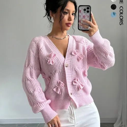 Women's Plain Bow Front Raglan Sleeve Sweater Cardigan, Casual Longsleeves Button Front Knitwear for Fall & Winter, Fashion Women's Knit Clothing for Daily Wear Valentine's Day, gift, Knitting