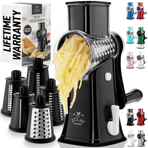 Zulay Kitchen Rotary Cheese Grater - Manual Cheese Shredder with 5 Interchangeable Stainless Steel Blades & Strong Suction Base for Veggies & More