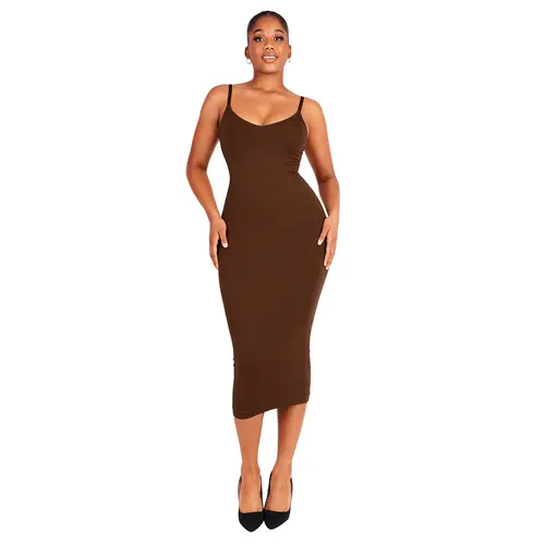 FeelinGirl Seamless Spaghetti Strap V-neck Maxi Built-in Shaper Dress Basic Casual Fabric Womenswear feelingirlshop