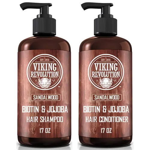 Viking Revolution Sandalwood Men's Shampoo & Conditioner Set with Biotin & Jojoba Oil for Thinning Hair - Sulfate Free Haircare 17 Oz