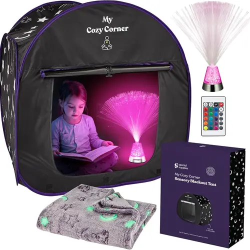 Special Supplies Blackout Sensory Tent for Kids, Pop Up Calming Play Tent with Fiber Optic Lamp and Glow-in-the-Dark Fuzzy Blanket, Indoor Play Tent, Playhouse, Portable Playhouse