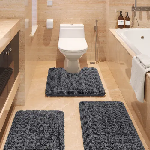 ACCUMTEK Striped Bathroom Rug Set Ultra Soft, Chenille Toilet Mat, Absorbent Plush Shaggy Bath Mats for Bathroom, Bedroom, Kitchen