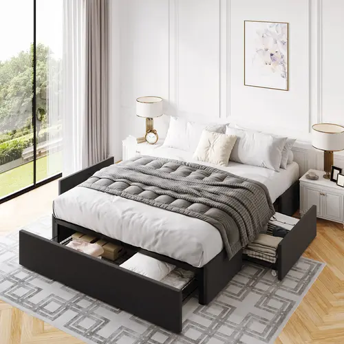 MUTICOR Platform Bed with 3 Storage Drawers, Faux Leather/ Linen Fabric Upholstered【Frame Only No Mattress】Wood Slats Support,No Box Spring Needed, Noises Free,Black/ Dark Grey#TikTokShopDealsforYouDays#DealsforYouDays#Summervibes#Summergarden