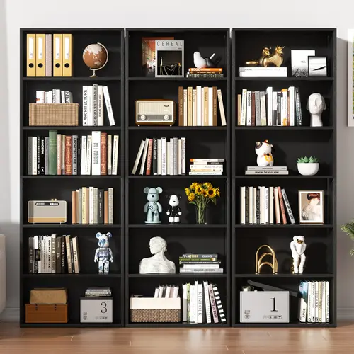 Walsunny 70'' Black Bookcases Floor Standing 6-Tiers Display Storage Shelves Tall Bookcase for Office Freestanding Industrial Ladder Organize Modern Design Minimal Stylish 65.8 lbs Load Capacity Easy Install