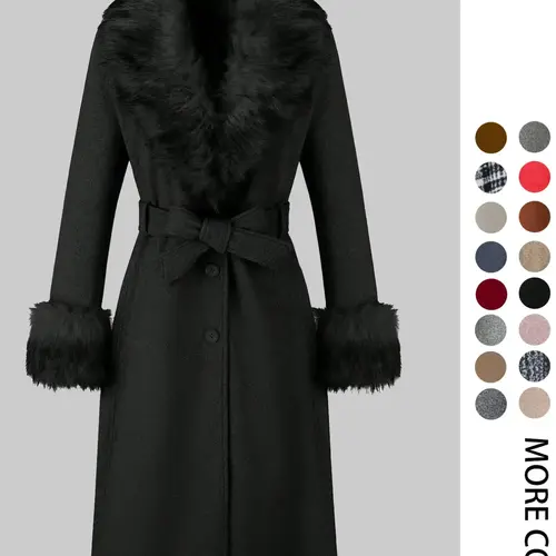 Women's Fall Winter Mid-Length Long Sleeve Solid Color Coat, Warm Fitted Cold Weather Gear Coat with Fur Collar, Waist Belt & Pockets, Casual Style, Jackets, Outerwear, Womenswear