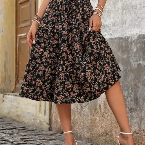 Women's Ditsy Floral Print Elastic Waist A Line Skirt, Elegant Style Fashion Casual Midi Skirt for Daily Outdoor Wear, Women's Bottoms for Spring & Fall, Chic Elegant Skirt