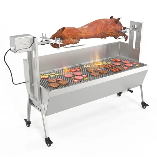 ROVSUN 46" Electric Rotating Rotisserie Grill Kit - 176 Lbs Capacity Portable Steel Barbecue Spit Roaster Stand with Lockable Wheels, Wind Baffle, Adjustable Height, Manual Controls for Outdoor Party, Travel (Portable BBQs)