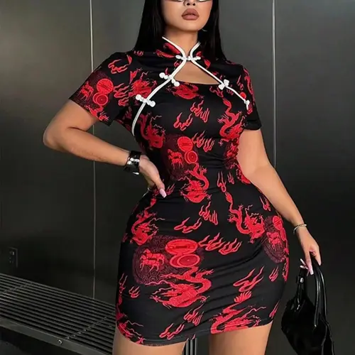 [plus Size] Ethnic Pattern Print Mandarin Collar Bodycon Dress, Short Sleeve Short Dress for Party Holiday Wedding Guest, Women's Clothes for All Seasons, Formal Dress Hides Tummy, Elegant Dresses, Dresses For Wedding