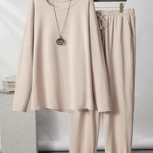 【Plus Size】 Solid Long Sleeve Top & Drawstring Waist Sweatpants Set, Casual Lounge Set, Casual Top & Pocket Jogger Pants, Women's Spring & Fall Clothes, Womenswear