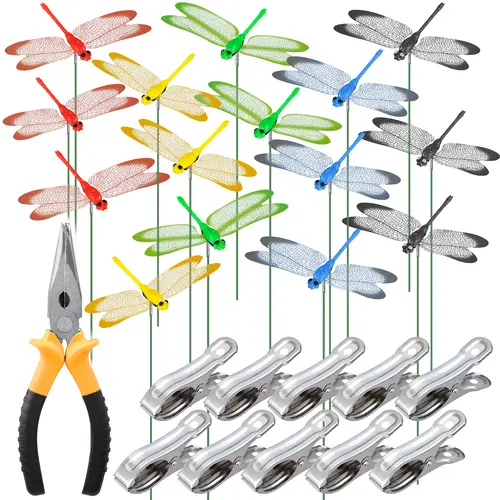 NiHome 15PCS Multicolor Waterproof Realistic Dragonfly Garden Decor Accessories - Clip-On Miniature Hanging Garden Sculptures & Statues, 10 Clips for Indoor/Outdoor Plant, Wall, Hat Decoration Use, 15Pcs For Variety