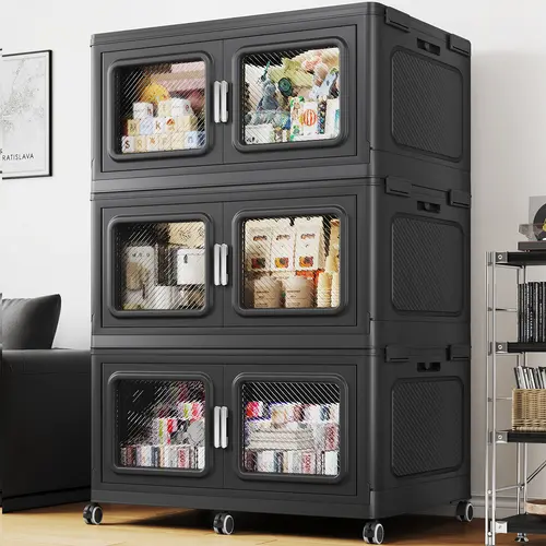 BROVIEW V80 Polypropylene Plastic Extra Large Storage Bins (50Qt-1200Qt) with Lid, Front Double Doors & Wheels, Collapsible Multifunctional Organizer - Laundry, Bedroom Use, 1/3/4/5 Multi-Pack