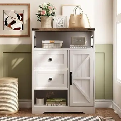 [SummerVibes] Vabches Farmhouse Storage Cabinet with 2 Drawers&Shelves,Freestanding Storage Cabinet with Doors&Open Storage,Floor Storage Cabinet for Living Room,Bathroom,Kitchen,Laundry