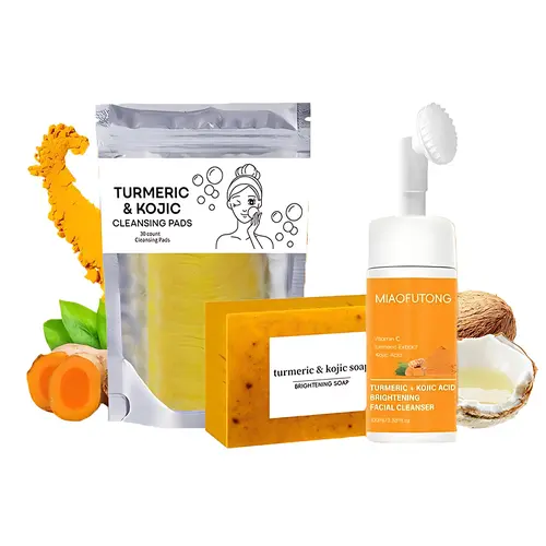 3 in 1: Turmeric Cleansing and Care 3-piece Set, including 1 turmeric cleansing mousses (new and old packaging shipped randomly), turmeric slices, and turmeric soap, for facial cleansing and skin care. Cleanser