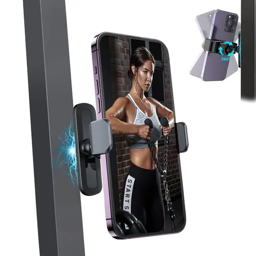 PADOX 2026 Upgraded Gym Magnetic Cellphone Holder Mount, 360° Adjustable Compact Metal Stand with Alloy Base & Joint, 4.7-6.5" Smartphone Compatible Silicone Black Accessory, Christmas Gift