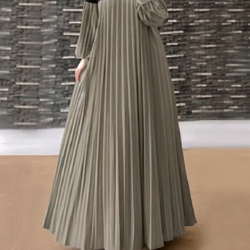 Women's Colorblock Pleated Long Sleeve Tunic Dress, Elegant Round Neck Long Dress for Party Club Dating Wear, Women's Clothing for Fall & Winter, Pleated Dresses