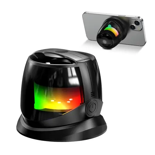 AKLLCCR Magnetic Smartphone Holder with Metal Ring & Rechargeable Wireless Speaker - Single Bluetooth TWS Multi-Connect, HIFI Music Sound System, RGB Jumping Lights, 9 Magnets Grip Metal Walls, Built-in Bat, Wall Mount Compatible Portable Accessory