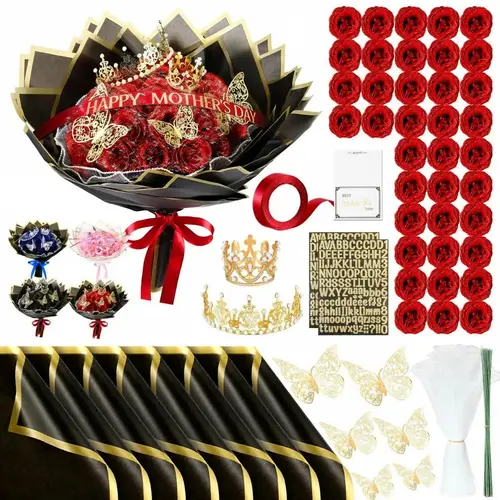 24/36 Pcs Waterproof Glitter Fake Roses Bouquet Set, DIY Decor with 3D Butterflies, Crowns, Alphabet Stickers & Ribbons, Gifts for Girlfriend, Home Decorative Flowers for Birthday, Anniversary