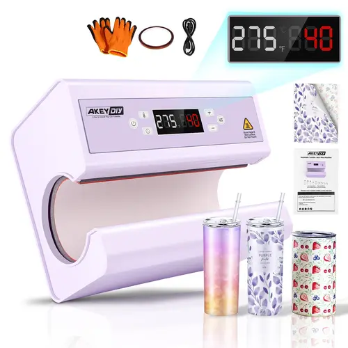 AKEYDIY Auto Tumbler Press Machine DIY Kit - 11-30oz, 10.2in, 2.35in, 550W Fast Heat, Auto Press & Release, Automatic Rotation, Full Print, Temp & Time Setting, for Ceramic/Glass, W/Sublimation Papers, Heat Tape, Gloves, Christmas Gifts