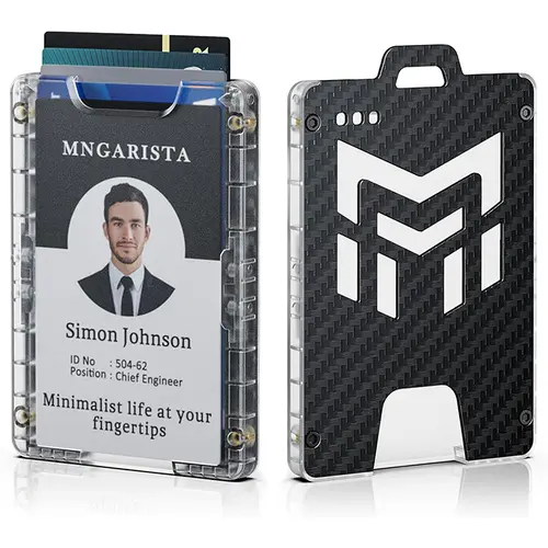MNGARISTA Vertical ID Badge Holder - 0.28 Inches Thick All PC Polycarbonate Plastic Housing, Transparent ID Window, 5-Card Capacity, Built-in Elastic Clip, Carbon Fiber for Office, Commute, Credit Cards, Locking Points