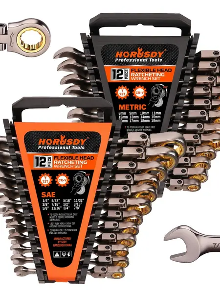 24PC Flex-Head Ratcheting Wrench Set | Metric and SAE | Ratchet Combination Wrenches Set with Organizer | 72-Teeth | Chrome Vanadium Steel Hardware, Gift, Spring Glow Up,father'sdaygifts