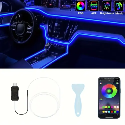 Dynamic Color Changing Ambient Interior Lighting LED Strip Lights - 5m Auto & Car Interior Accessories, App Control, Music Sync Rhythm for Dashboard, Door