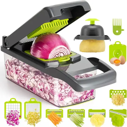 KEOUKE 12-in-1 Modern Rectangular Multi-Functional Kitchen Vegetable Chopper Mandoline Slicer (Grey) - Quick Change Steel Blades, Container, Hand Guard Shields Fingers, Draining Basket, Egg Strainer Sieve, Guarded Push Cuts, Fast Onion Dicing, Interchange