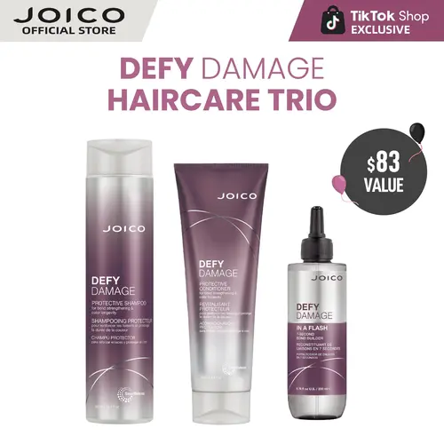 Joico Defy Damage Haircare Trio - Shampoo (10.1oz), Conditioner (8.5oz) & In-A-Flash Treatment for Rapid Repair, Bond Protection & Daily Strengthening
