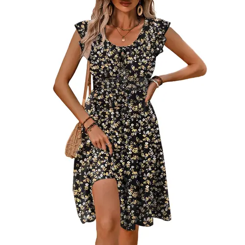 Dokotoo Womenswear Bohemian Summer Dresses 2026 Boho Floral Ruffle Sleeve Smocked Elastic Waist Drawstring Tie Casual Mini Dress Sundress