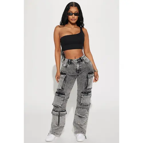 Fairfax High Rise Stretch Cargo Jeans - Acid Wash Grey