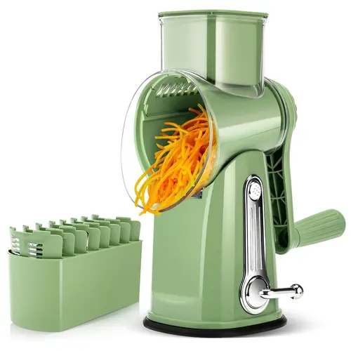 SUSTEAS Retro Green Rotary Cheese Cutting Grater - Kitchen Utensil with 5 Durable Stainless Steel Blades, Stable Suction Base, Compact Fast Shred Mandoline Slicer, Vegetable Cutter for Home Cooking, Gift Giving, Rotary Cheese Shredder