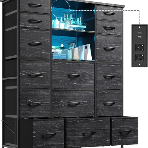 RaybeeFurniture 51" Tall Dresser with 15 Drawers, Built-in Charging Station, LED Lighted Storage Cabinet with Hutch, Wood Top & Steel Frame for Bedroom, Living Room, Hallway, Closet | Modern Fabric Storage Organizer for Small Spaces, Apartment & Dorm