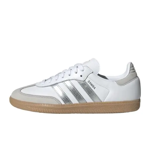 adidas Samba OG Women’s Classic Leather Indoor Soccer Sneakers - White Silver Metallic Grey, Gum Sole, Daily Fashion Footwear, Rubber Outsole, Casual Athletic Women's Shoes