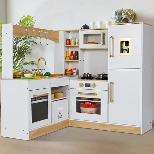 Arlopu Corner Play Kitchen for Kids, Wooden Pretend Toy Kitchen, Large Toodler Cooking Playset w/Refrigerator, Stove w/Light & Sound, Disinfection Locker, Water Dispenser, Sink, Home Modern Ages 3+,