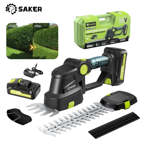 Saker Cordless Bush Trimmer - 20v electric bush Trimmer Hand-held lawn trimmer with 2 rechargeable batteries for garden, lawn