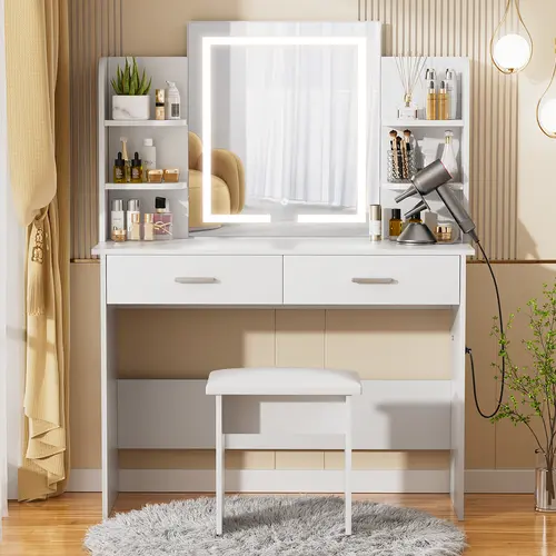 VOWNER Modern Makeup Vanity Desk with Lighted Mirror,2 Drawers,6 Storage Shelves and Cushioned Stool