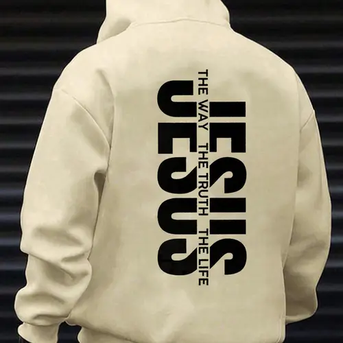 Men's Jesus The Way The Truth The Life Letter Print Knitted Hoodie, Fitted Casual Long Sleeve Graphic Hooded Sweatshirt for Daily Wear, Men's Clothes Tops for Fall & Winter, Menswear, Fabric, Faith Based Streetwear