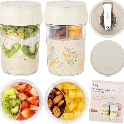 Soligt 16oz Glass Overnight Oats Containers - Stackable Breakfast Box with Removable Airtight Lids, Folding Spoons, Divided Compartments for Fruit & Nuts, BPA-Free Plastic-Free, for Oatmeal Yogurt Parfait Portable Reusable Storage Canister