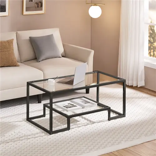Yaheetech 42'' Modern Rectangle Black Coffee Table - Tempered Glass Living Room Center Table with Geometric Design, Metal Frame, Easy Assembly & Open Storage Shelf for Room Decor, Living Room Tables, Rectangular Table,dorm essentials,home decor