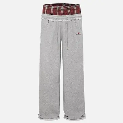 Aelfric Eden Plaid Patchwork Double Waist Loose Fit Bottoms - Baggy Wide-Leg Sweatpants with Pockets, Drawstring Elastic Waist, Stripe Accents, Unisex Casual Streetwear Vintage Joggers (Cute Clothes Inclusive),summerwins,father'sdaygifts