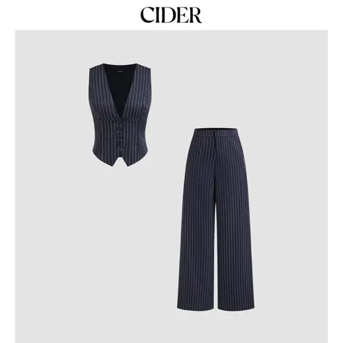 Cider V-neck Stripe Button Tank Top & Mid Rise Pocket Straight Leg Trousers Set