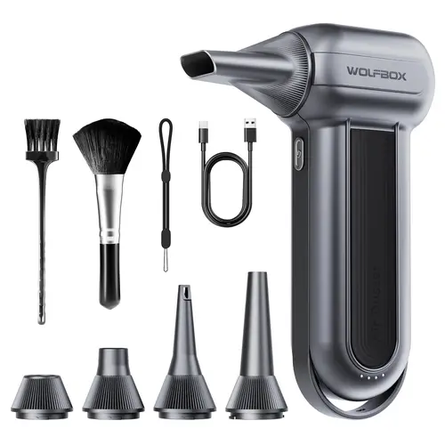 WOLFBOX MF100 Multifunctional Strong Inflatable Portable Compressed Air Duster, 150000RPM Turbo Fan, 45 m/s Airflow, 3-Gear Adjustable Speed, Type-C Fast Charging, 0.66 lb Lightweight, 5 Nozzles, 2 Brushes, Power Tool for Car Cleaning, Outdoors, Rechargea