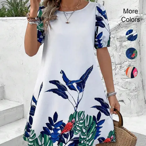 Women's Boho Floral Print Dress, Loose-Fitting Short Sleeve, Round Neck, Plant Pattern, Casual Vacation Wear, All Seasons, Casual Summer Dresses