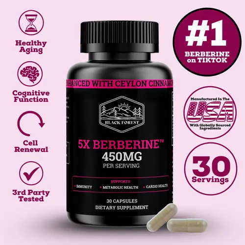 Black Forest High Potency Berberine & Dihydroberine Capsules - 5x Strength, GMO-Free, Gluten-Free, with Ceylon Cinnamon, 3-Year Shelf Life, Absorbable Bioavailable High Potency Supplement for Gut Health Support, Glucose Balance (Single Item for Adults)