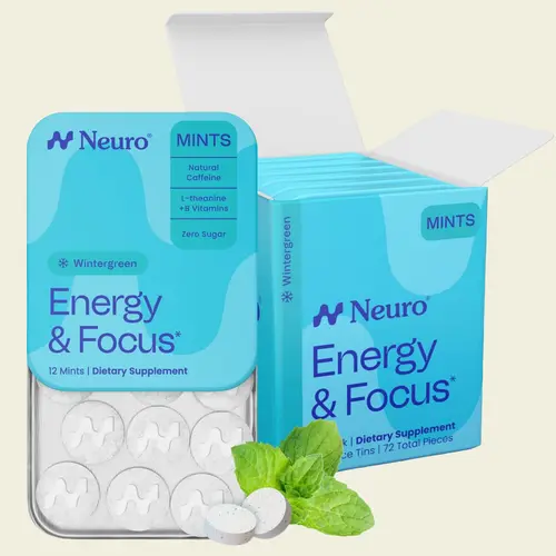 Neuro Wintergreen Energy & Focus Mints (72 Pieces) - Sugar Free with Natural Caffeine, L-theanine, Vitamin B12 & Vitamin B6