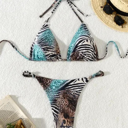 Women's Leopard Print Tie Back Bikini Set, Halter Neck Swim Top & Thong Swim Bottom, Ladies Swimsuit for Beach Holiday Vacation, Halter Bikinis Set, Chic Swimsuit Set, Beachwear Swimsuit, Printed Bikini