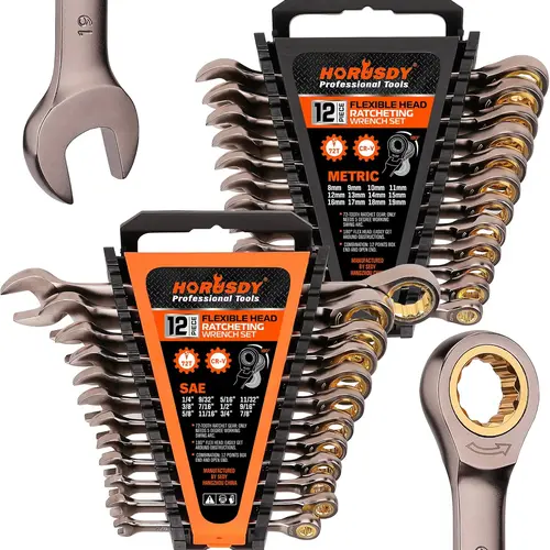 HORUSDY Ratcheting Wrench Set (12pc or 24pc) – 72-Tooth Chrome Vanadium Steel, 5° Quick Turns, High Leverage Longer Lever, 12+12 Size Range (Metric 8-19mm/SAE 1/4"-7/8"), Organizer Rack, Tools for Mechanics